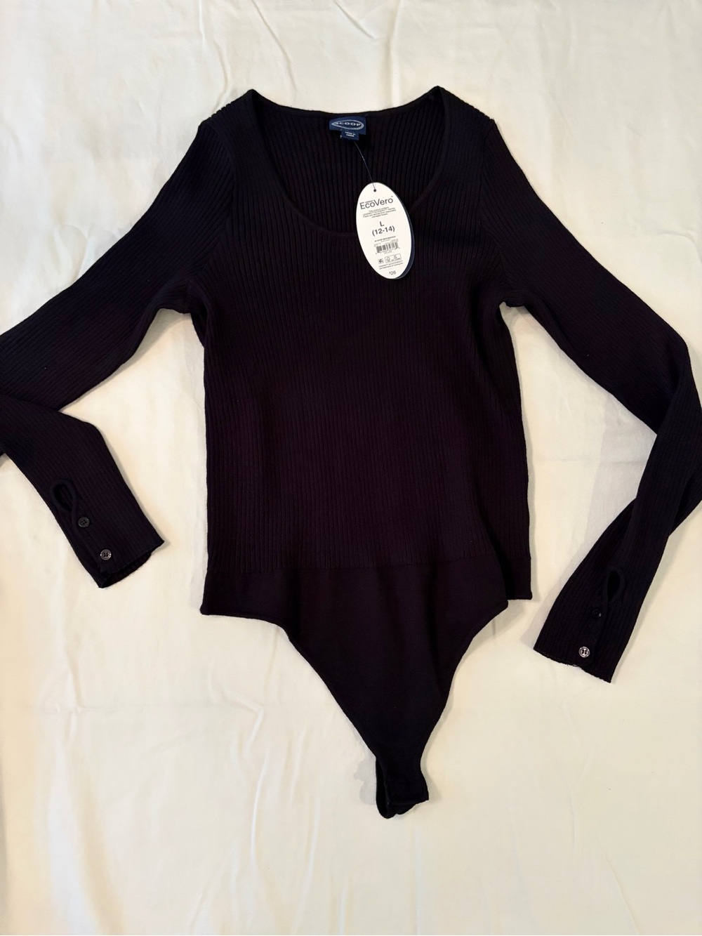 Scoop Black Ribbed Scoop Neck Long Sleeve Bodysuit Size L